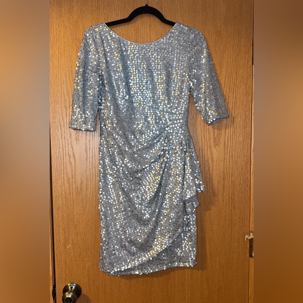 Alex Evenings Silver Sequin Long Sleeve Dress